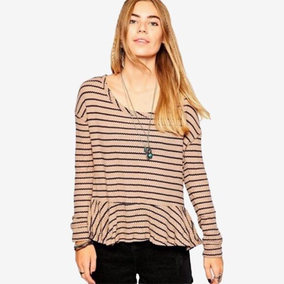 Free People We The Free Auntie Em Stripe Thermal Top Small Peplum Waffle Knit - Picture 3 of 4